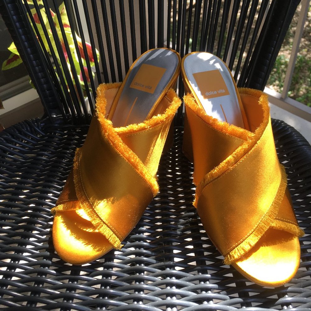 New DOLCE VITA satin safron fringe mules HENRY 6.5